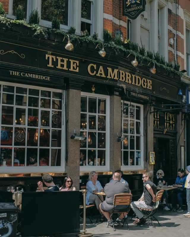 People outside a pub in London